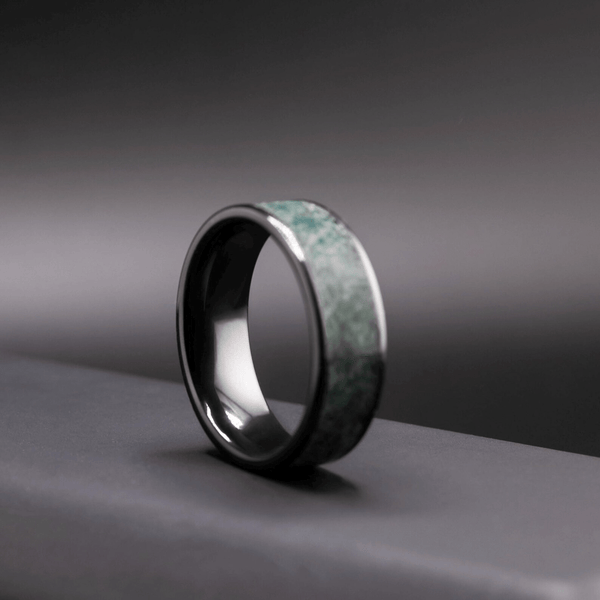 Black Ceramic Men’s Wedding Band with Green Moss Agate – Bold, Organic Wedding Ring - BerchJewelry