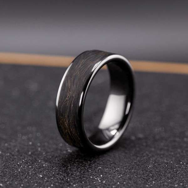 Men’s Ceramic Ring with Carbon Fiber Inlay – Black Gold Wedding Band, Unique Gift for Him - BerchJewelry