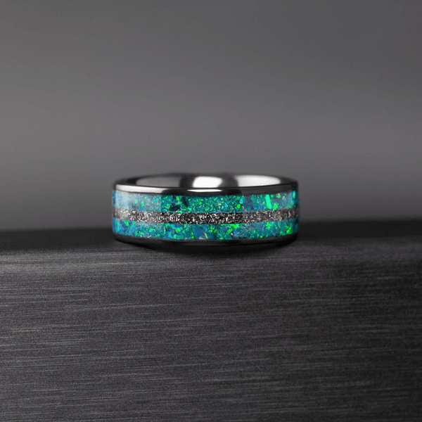 Men’s Wedding Band with Meteorite and Opal – Ceramic Galaxy Ring, Gift for Him - BerchJewelry