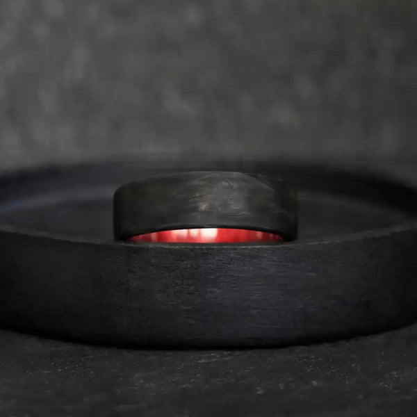 Forged Carbon Fiber and Redheart Wood Wedding Ring - BerchJewelry