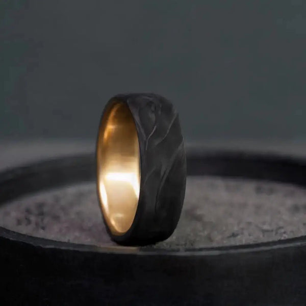 Rustic Handmade Brass and Carbon Fiber Wedding Band - BerchJewelry