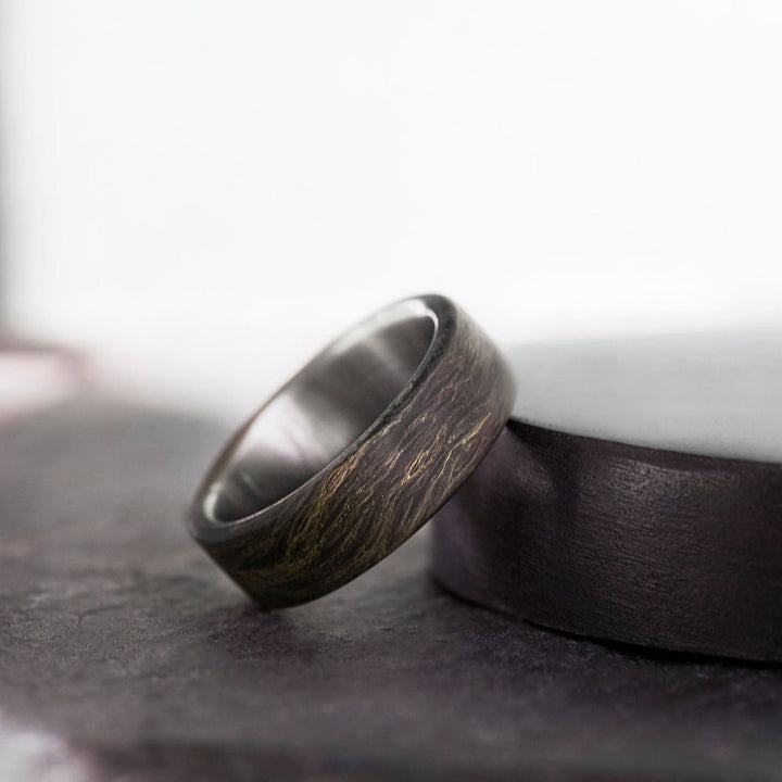 Titanium Men Ring Forged Carbon Old Gold Flakes Band.