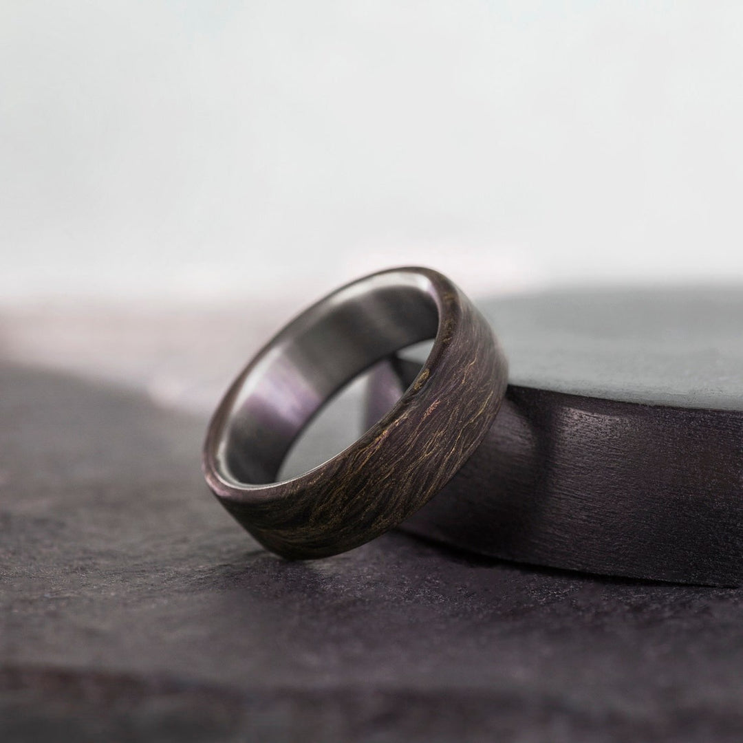 Titanium Men Ring Forged Carbon Old Gold Flakes Band.