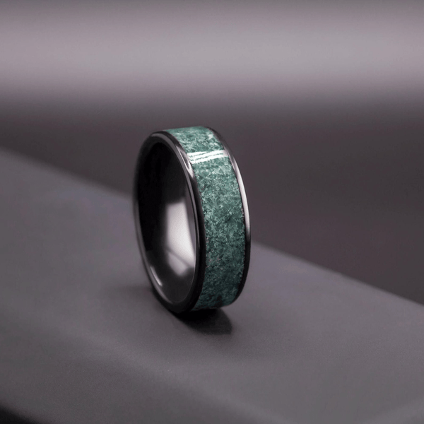 Black Ceramic Men’s Wedding Band with Green Moss Agate – Bold, Organic Wedding Ring - BerchJewelry
