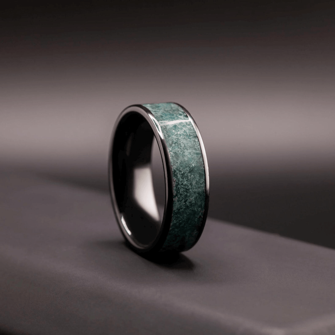 Black Ceramic Men’s Wedding Band with Green Moss Agate – Bold, Organic Wedding Ring - BerchJewelry