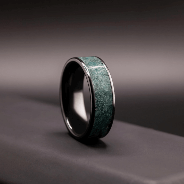 Black Ceramic Men’s Wedding Band with Green Moss Agate – Bold, Organic Wedding Ring - BerchJewelry