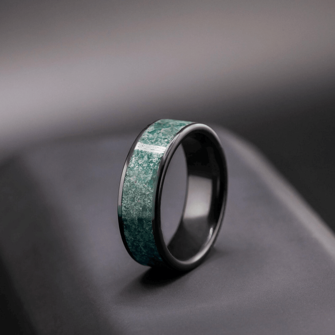 Black Ceramic Men’s Wedding Band with Green Moss Agate – Bold, Organic Wedding Ring - BerchJewelry