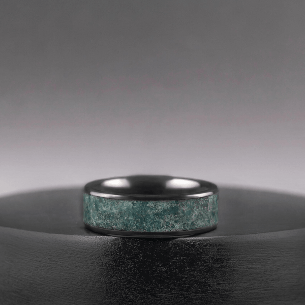 Black Ceramic Men’s Wedding Band with Green Moss Agate – Bold, Organic Wedding Ring - BerchJewelry