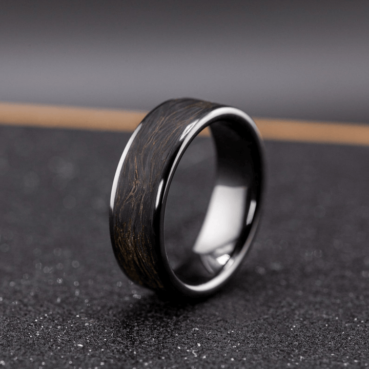 Men’s Ceramic Ring with Carbon Fiber Inlay – Black Gold Wedding Band, Unique Gift for Him - BerchJewelry