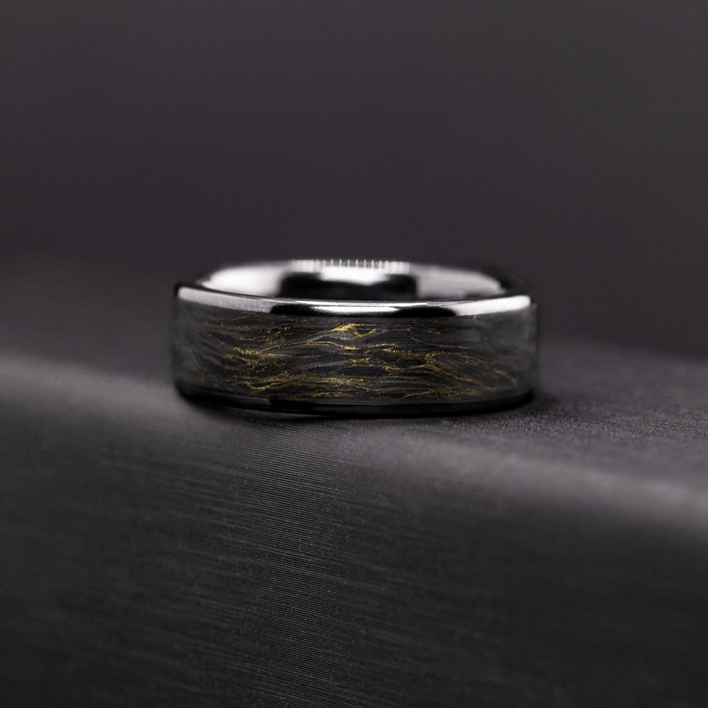 Men’s Ceramic Ring with Carbon Fiber Inlay – Black Gold Wedding Band, Unique Gift for Him - BerchJewelry