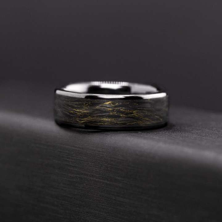 Men’s Ceramic Ring with Carbon Fiber Inlay – Black Gold Wedding Band, Unique Gift for Him - BerchJewelry