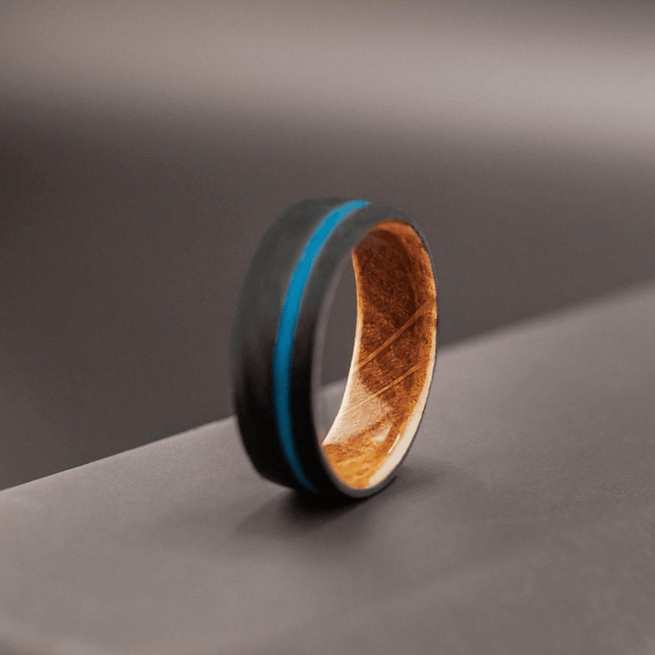Mens Wedding Band Carbon Fiber Ring with Blue Turquoise Inlay - BerchJewelry