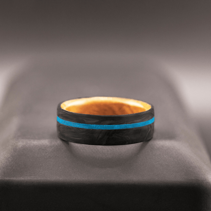Mens Wedding Band Carbon Fiber Ring with Blue Turquoise Inlay - BerchJewelry