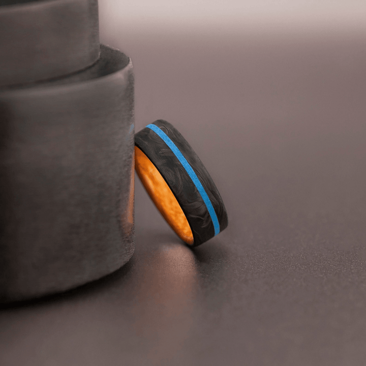 Mens Wedding Band Carbon Fiber Ring with Blue Turquoise Inlay - BerchJewelry