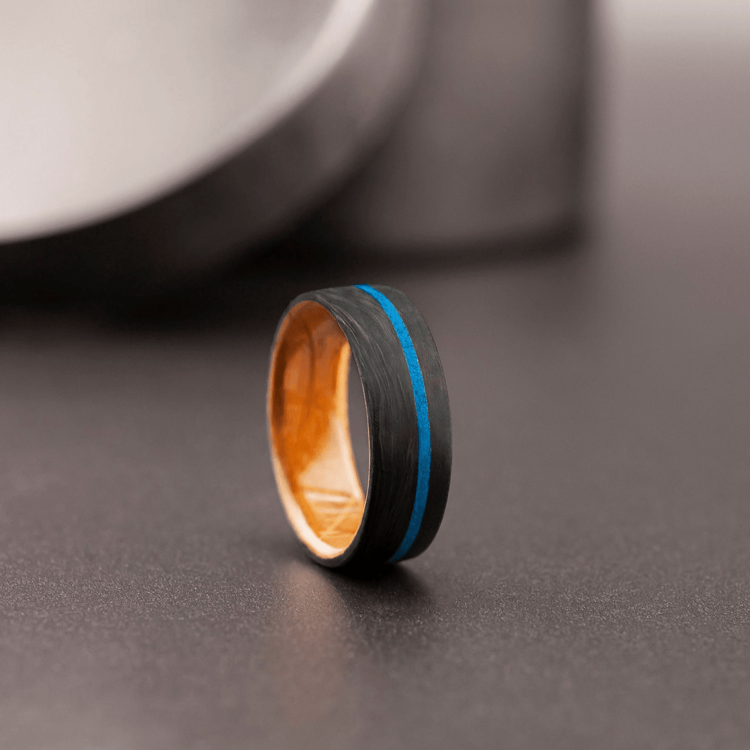 Mens Wedding Band Carbon Fiber Ring with Blue Turquoise Inlay - BerchJewelry