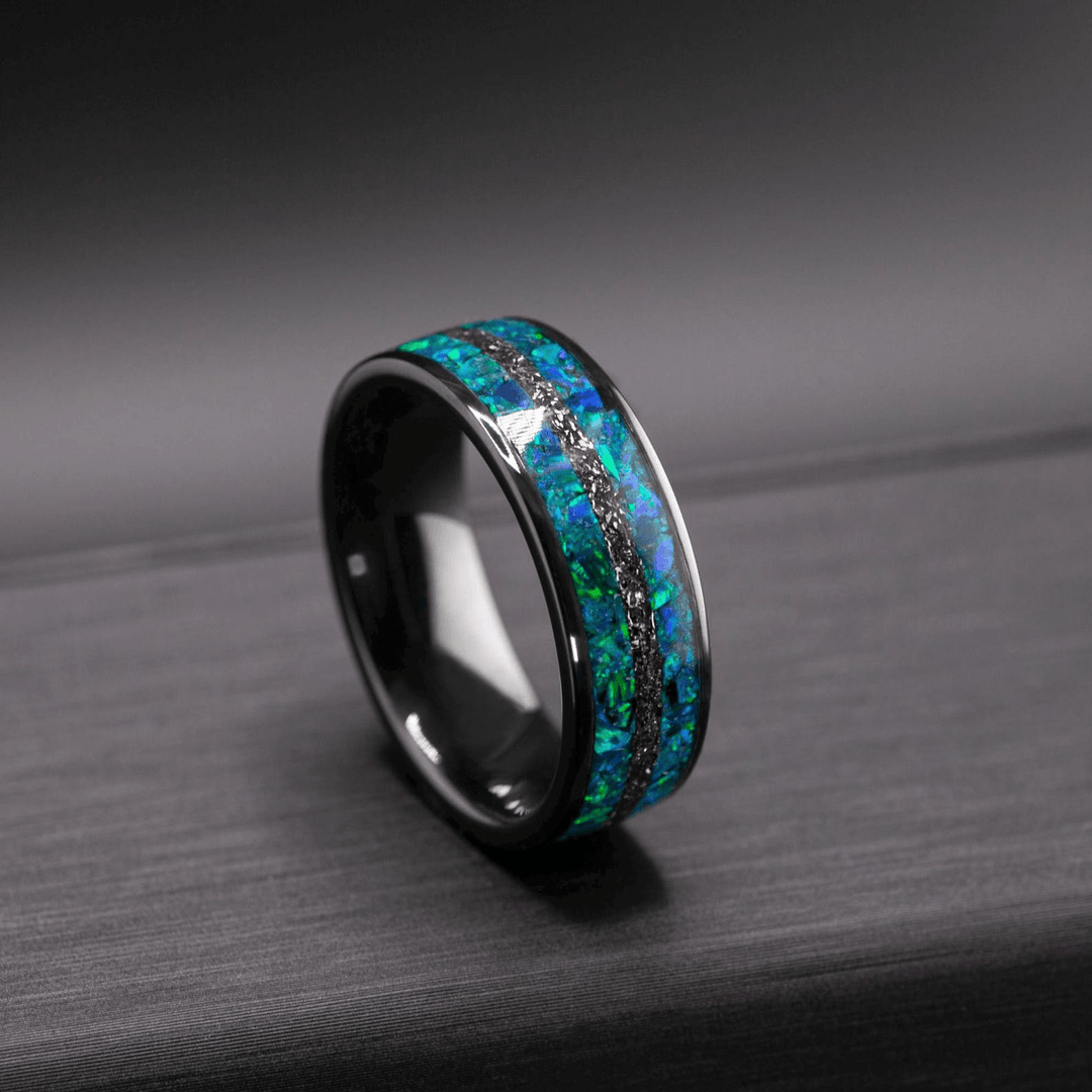 Men’s Wedding Band with Meteorite and Opal – Ceramic Galaxy Ring, Gift for Him - BerchJewelry