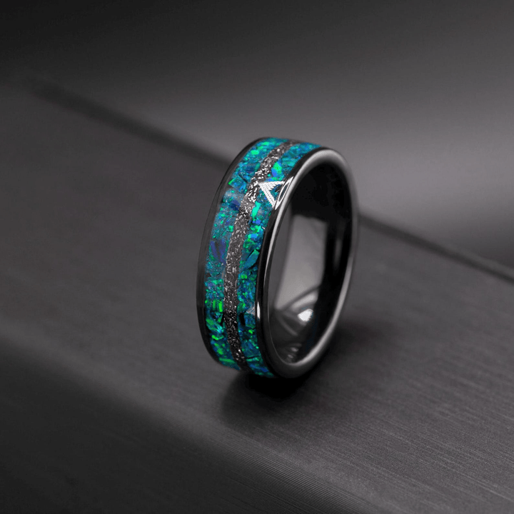 Men’s Wedding Band with Meteorite and Opal – Ceramic Galaxy Ring, Gift for Him - BerchJewelry