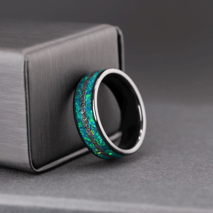 Men’s Wedding Band with Meteorite and Opal – Ceramic Galaxy Ring, Gift for Him - BerchJewelry