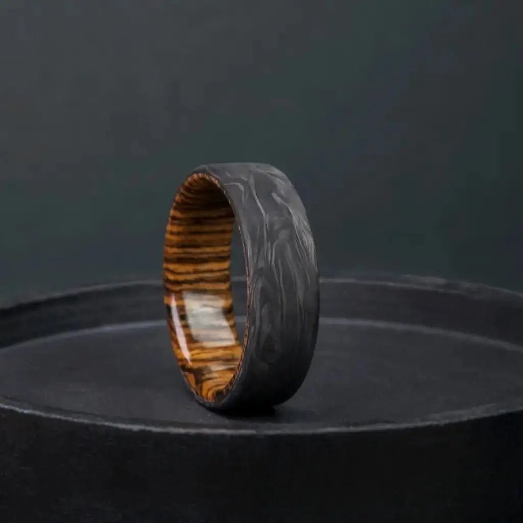 Forged Carbon Fiber and Bocote Wood Engagement Ring - BerchJewelry