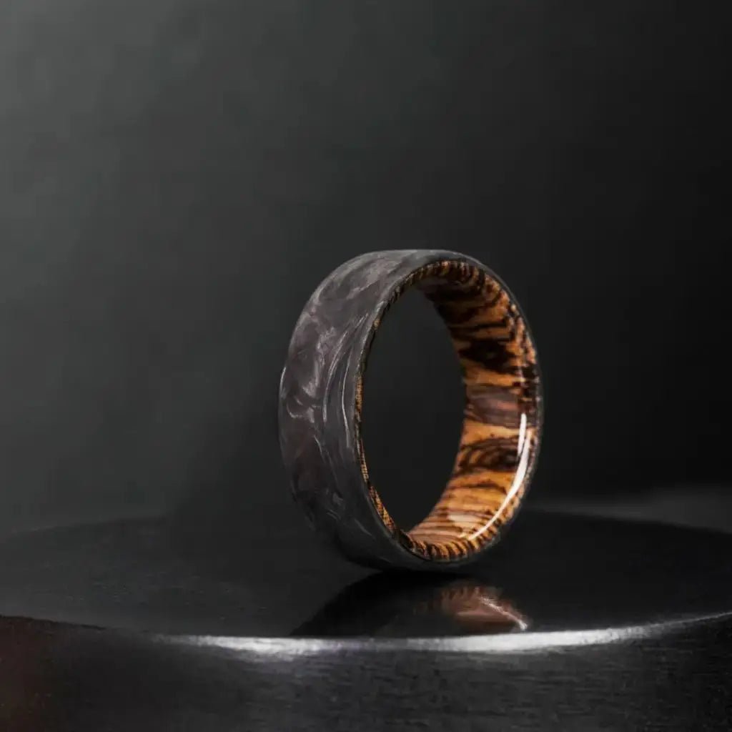 Forged Carbon Fiber and Bocote Wood Engagement Ring - BerchJewelry