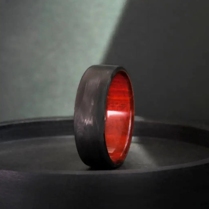 Forged Carbon Fiber and Redheart Wood Wedding Ring - BerchJewelry